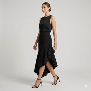 MILLY Charlotte Black Asymmetric Ruffle Crepe Midi Skirt Quiet Luxury Size 0 USA